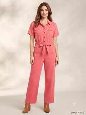 Universal Thread Coral Utility Denim Cotton Tie-Waist Jumpsuit